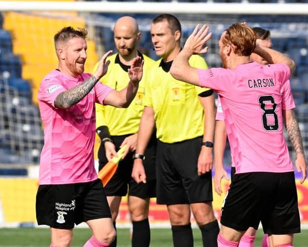 Inverness' Michael Gardyne (L) and David Carson celebrate at full time during a cinch Championship match between Kilmarnock and Inverness Caledonian Thistle at The BBSP at Rugby Park, on August 28, 2021, in Kilmarnock, Scotland (Photo by Rob Casey / SNS Group)