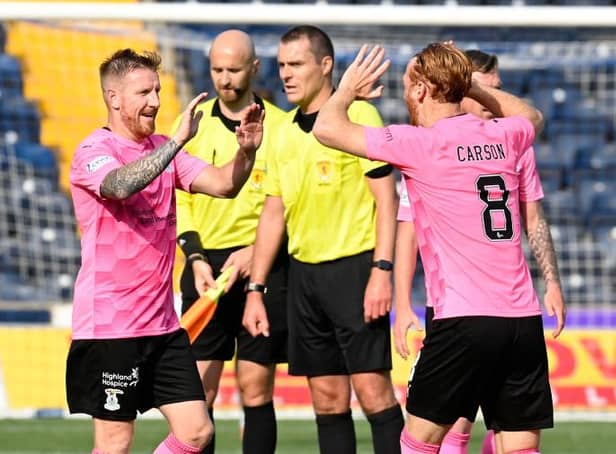 Inverness' Michael Gardyne (L) and David Carson celebrate at full time during a cinch Championship match between Kilmarnock and Inverness Caledonian Thistle at The BBSP at Rugby Park, on August 28, 2021, in Kilmarnock, Scotland (Photo by Rob Casey / SNS Group)