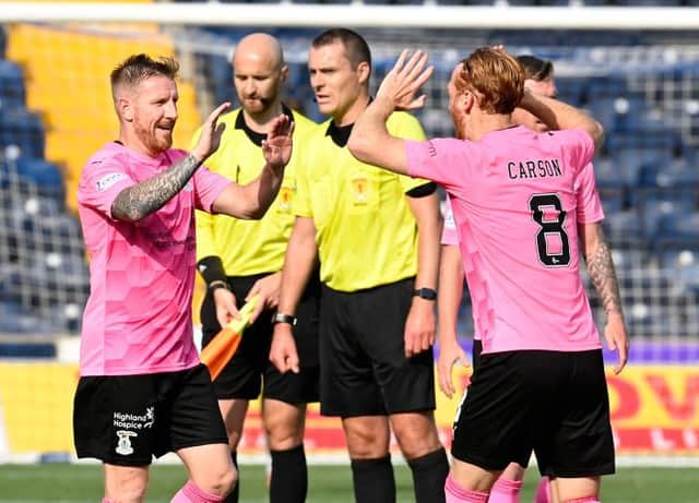 Inverness' Michael Gardyne (L) and David Carson celebrate at full time during a cinch Championship match between Kilmarnock and Inverness Caledonian Thistle at The BBSP at Rugby Park, on August 28, 2021, in Kilmarnock, Scotland (Photo by Rob Casey / SNS Group)