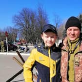 Steve Cardownie's brother-in-law Sasha, who is staying in Ukraine to fight the invading Russian forces, says goodbye to his 14-year-old son Yura, who is now a refugee