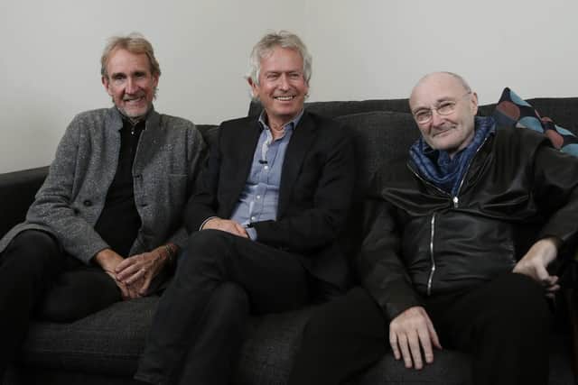 Genesis band members from left, Mike Rutherford, Tony Banks, and Phil Collins.