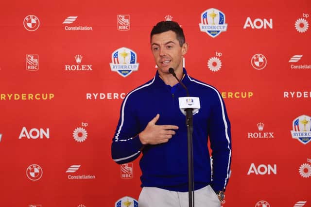 Rory McIlroy speaks to the media prior to the 43rd Ryder Cup at Whistling Straits. Picture: Mike Ehrmann/Getty Images.