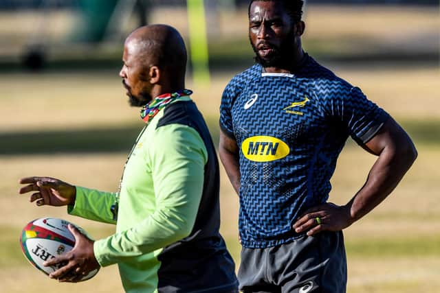 Springboks assistant coach Mzwandile Stick, left, with captain Siya Kolisi who will miss the South Africa A match against the Lions after testing positive for Covid.