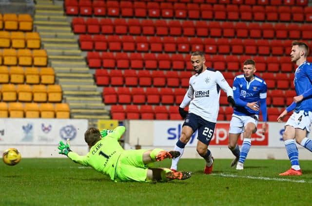 Kemar Roofe pounces from close range to open the scoring for Rangers against St Johnstone at McDiarmid Park. (Photo by Rob Casey / SNS Group)