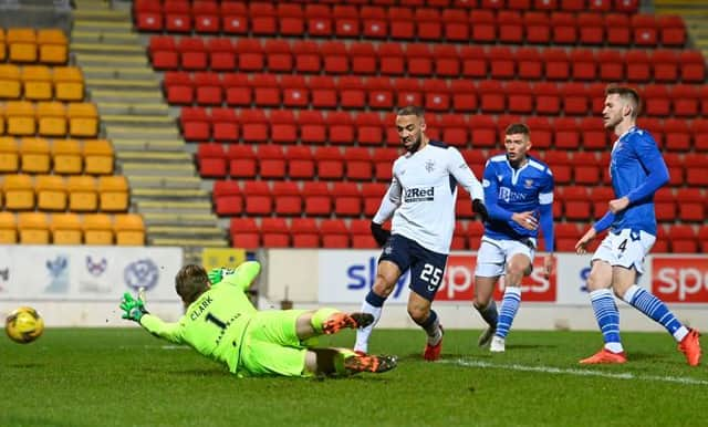 Kemar Roofe pounces from close range to open the scoring for Rangers against St Johnstone at McDiarmid Park. (Photo by Rob Casey / SNS Group)