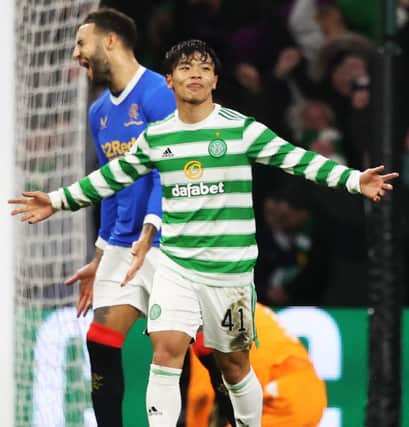 Celtic’s Reo Hatate celebrates his second goal in the 3-0 derby win over Rangers that he says was all about the style he wants to produce. Photo by Craig Williamson / SNS Group)