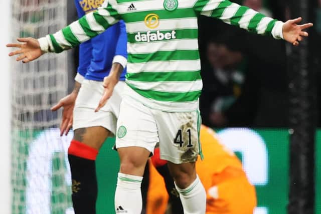 Celtic’s Reo Hatate celebrates his second goal in the 3-0 derby win over Rangers that he says was all about the style he wants to produce. Photo by Craig Williamson / SNS Group)