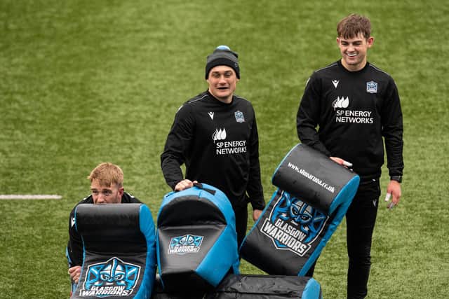Influential Glasgow stand-off Ross Thompson, right, pictured at training with Kyle Steyn and Cole Forbes. (Photo by Ross MacDonald / SNS Group)