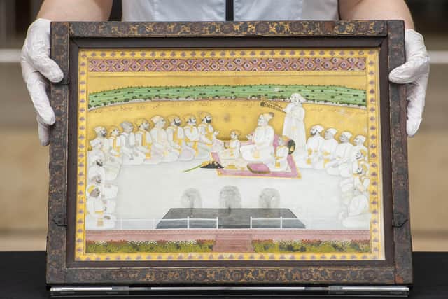 Painted in Indian miniature style, the artworks show lavish decoration in minute detail of clothing and landscapes, set against rich gold and silver backgrounds, featuring court scenes, a royal procession on horseback and evening entertainment with music and dance.