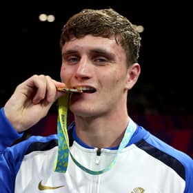 Scotland's Sam Hickey with his gold medal following the Men’s Boxing Over 71kg-75kg (Middleweight) final at Birmingham 2022. (Photo by Eddie Keogh/Getty Images)