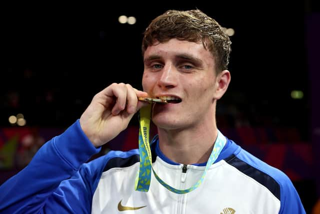 Scotland's Sam Hickey with his gold medal following the Men’s Boxing Over 71kg-75kg (Middleweight) final at Birmingham 2022. (Photo by Eddie Keogh/Getty Images)