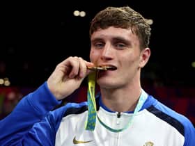 Scotland's Sam Hickey with his gold medal following the Men’s Boxing Over 71kg-75kg (Middleweight) final at Birmingham 2022. (Photo by Eddie Keogh/Getty Images)