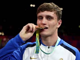 Scotland's Sam Hickey with his gold medal following the Men’s Boxing Over 71kg-75kg (Middleweight) final at Birmingham 2022. (Photo by Eddie Keogh/Getty Images)