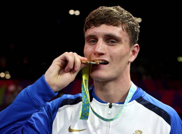 Scotland's Sam Hickey with his gold medal following the Men’s Boxing Over 71kg-75kg (Middleweight) final at Birmingham 2022. (Photo by Eddie Keogh/Getty Images)
