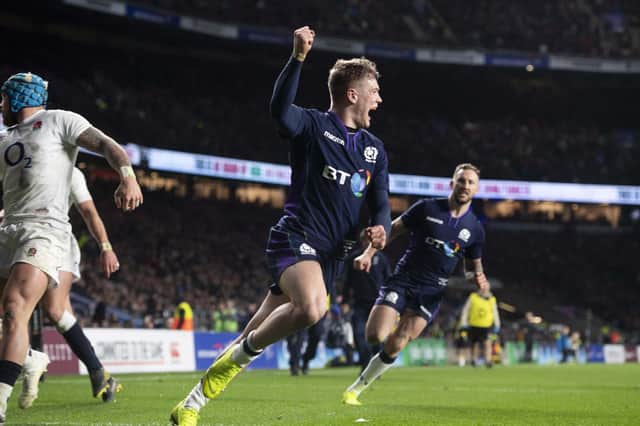 Scotland’s Darcy Graham celebrates his second try in the stunning 38-38 draw with England at Twickenham in 2019. Picture: Gary Hutchison/SNS