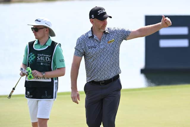 Stephen Gallacher gives the thumbs up after completing his round in the Saudi International powered by SoftBank Investment Advisers at Royal Greens Golf and Country Club in King Abdullah Economic City. Picture: Ross Kinnaird/Getty Images.
