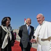 Iraq's President Barham Saleh and his wife Sarbagh bid farewell to Pope Francis at Baghdad International Airport (Picture: Vatican Media/AFP via Getty Images)