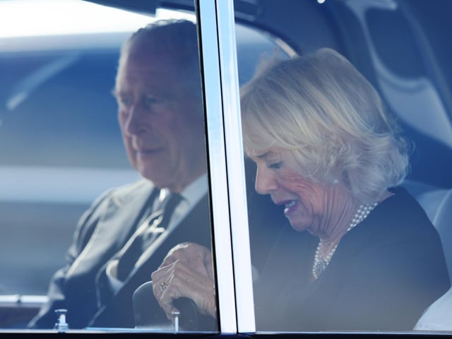 King Charles III and the Queen Consort arrive at Edinburgh Airport after travelling from London, ahead of joining the procession of Queen Elizabeth's coffin from the Palace of Holyroodhouse to St Giles' Cathedral, Edinburgh. Picture date: Monday September 12, 2022.