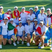Catriona Matthew and her European players celebrate after recording just a second win on US soil in the Solheim Cup with a 15-13 success in Toledo, Ohio. Picture: Tristan Jones.