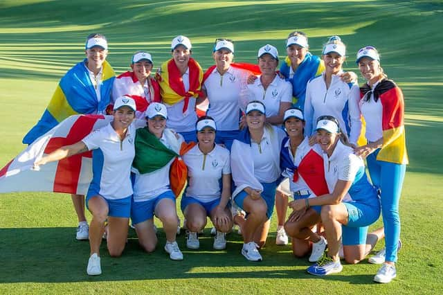 Catriona Matthew and her European players celebrate after recording just a second win on US soil in the Solheim Cup with a 15-13 success in Toledo, Ohio. Picture: Tristan Jones.