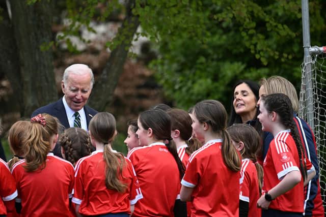 The words of US President Joe Biden, seen meeting school children in Dublin, should inform the debate about education in Scotland (Picture: Jim Watson/AFP via Getty Images)