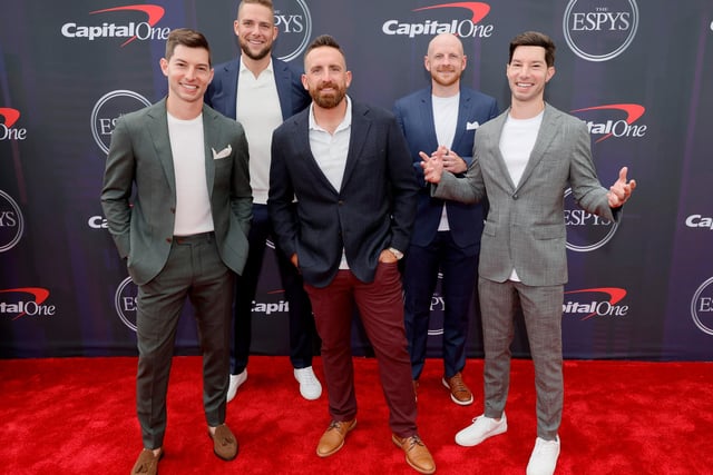 The channel Dude Perfect has over 57 million subscribers on YouTube. The channel specialises in trick shots. (L-R) Coby Cotton, Cody Jones, Tyler Toney, Garrett Hilbert, and Cory Cotton. (Photo by Michael Loccisano/Getty Images)