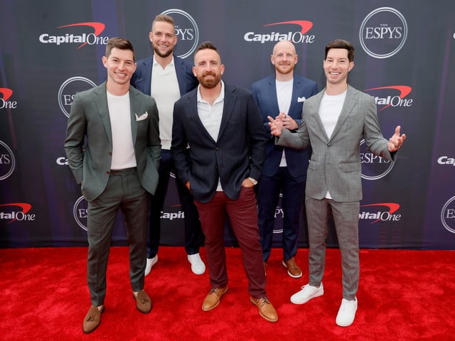 The channel Dude Perfect has over 57 million subscribers on YouTube. The channel specialises in trick shots. (L-R) Coby Cotton, Cody Jones, Tyler Toney, Garrett Hilbert, and Cory Cotton. (Photo by Michael Loccisano/Getty Images)