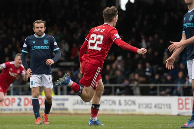 Calvin Ramsay scores his first ever goal for Aberdeen.  (Photo by Craig Foy / SNS Group)