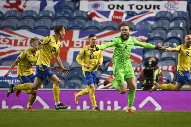 Zander Clark celebrates after scoring to make it 1-1 during a Scottish Cup match between Rangers and St Johnstone at Ibrox Stadium on April 25, 2021, in Glasgow, Scotland. (Photo by Rob Casey / SNS Group)