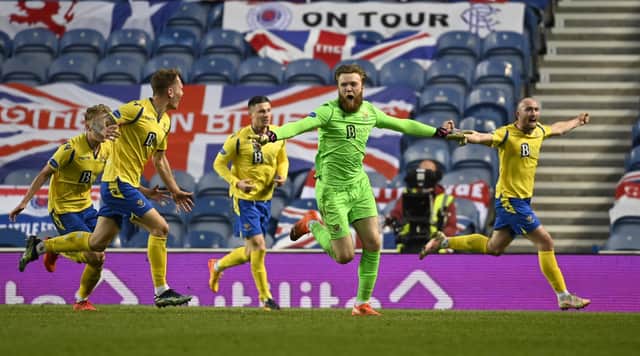 Zander Clark celebrates after scoring to make it 1-1 during a Scottish Cup match between Rangers and St Johnstone at Ibrox Stadium on April 25, 2021, in Glasgow, Scotland. (Photo by Rob Casey / SNS Group)