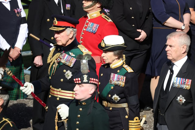 (Left to right) King Charles III, the Princess Royal and the Duke of York walk behind Queen Elizabeth II's coffin during the procession from the Palace of Holyroodhouse to St Giles' Cathedral, Edinburgh.