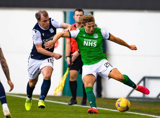 Dundee's Paul McGowan and Hibs' Sean Mackie  (Photo by Paul Devlin / SNS Group)