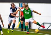 Dundee's Paul McGowan and Hibs' Sean Mackie  (Photo by Paul Devlin / SNS Group)