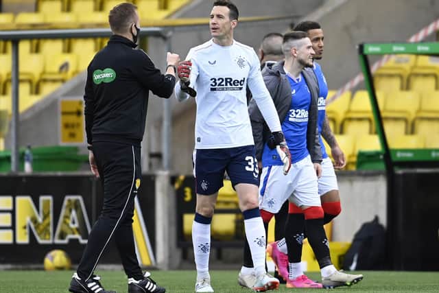 Rangers Jon McLaughlin (R) at full time during the Scottish Premiership match between Livingston and Rangers at the Tony Macaroni Arena on May 12, 2021, in Livingston, Scotland. (Photo by Rob Casey / SNS Group)