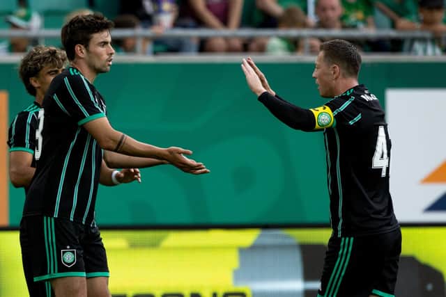 Celtic's Matt O'Riley, left, may be asked to deputise for the injured Callum McGregor, right, against RB Leipzig.