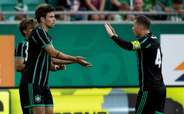 Celtic's Matt O'Riley, left, may be asked to deputise for the injured Callum McGregor, right, against RB Leipzig.