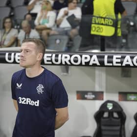 Rangers' interim head coach Steven Davis watches on during the 2-1 defeat by Aris Limassol.