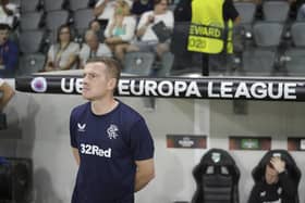 Rangers' interim head coach Steven Davis watches on during the 2-1 defeat by Aris Limassol.