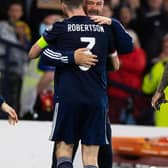 Scotland Manager Steve Clarke with captain Andrew Robertson at full-time of the World Cup Qualifier between Scotland and Israel at Hampden Park, on October 09 , 2021, in Glasgow, Scotland. (Photo by Sammy Turner / SNS Group)