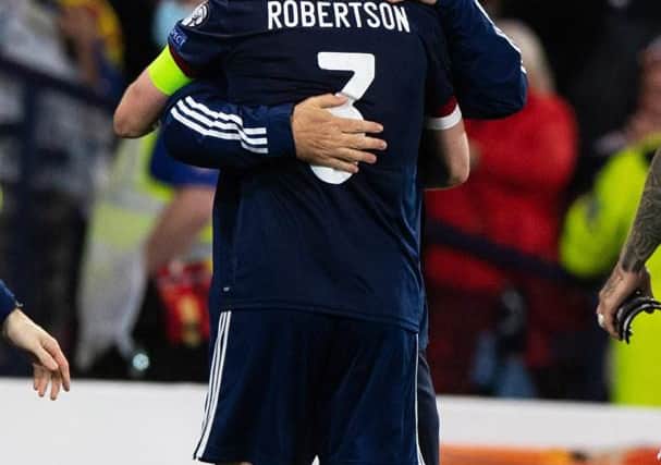 Scotland Manager Steve Clarke with captain Andrew Robertson at full-time of the World Cup Qualifier between Scotland and Israel at Hampden Park, on October 09 , 2021, in Glasgow, Scotland. (Photo by Sammy Turner / SNS Group)