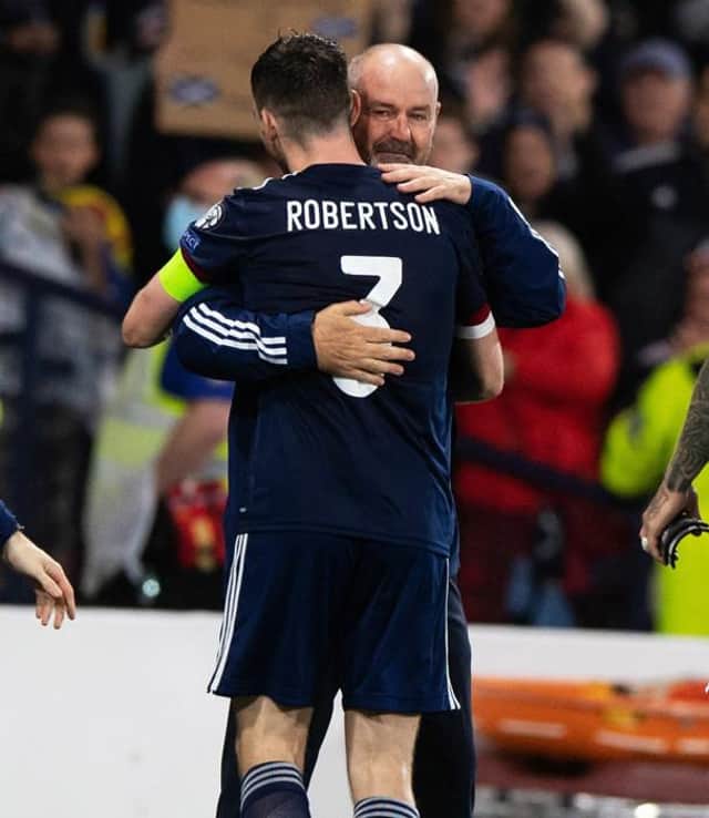 Scotland Manager Steve Clarke with captain Andrew Robertson at full-time of the World Cup Qualifier between Scotland and Israel at Hampden Park, on October 09 , 2021, in Glasgow, Scotland. (Photo by Sammy Turner / SNS Group)