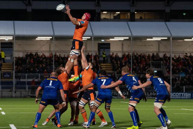 Edinburgh captain Grant Gilchrist leaps highest to win lineout ball in the 20-20 draw with the Stormers. Picture: Ross Parker/SNS