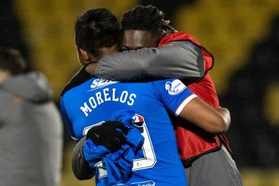 Rangers Alfredo Morelos and Calvin Bassey at full-time of Livingston v Rangers at The Tony Macaroni Arena, on March 3, 2021. (Photo by Alan Harvey / SNS Group)