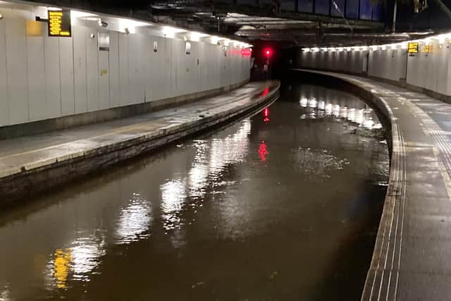 Flooding at Dalmarnock - one of a number of problems facing the rail network as it bids to get back to normal operations for the start of the week (Pic: Network Rail)