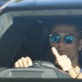 Manchester United's new signing Cristiano Ronaldo arrives to attend a training session at the Carrington. (Photo by PAUL ELLIS/AFP via Getty Images)