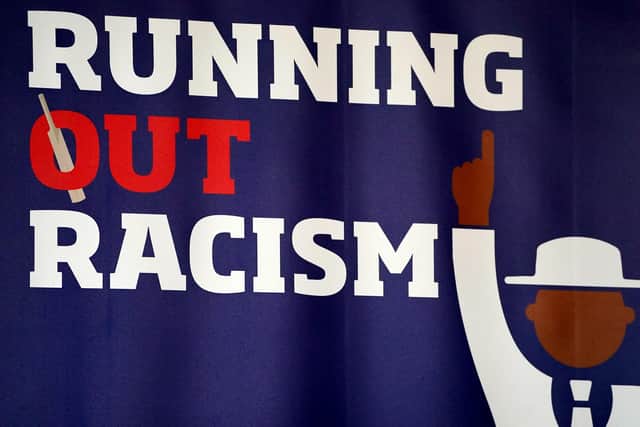 A general view of a Running Out Racism banner ahead of a press conference at Stirling Court Hotel, Stirling. Picture: Andrew Milligan/PA Wire.