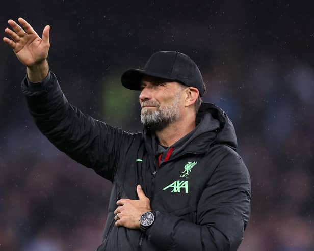 Jurgen Klopp waves to Liverpool fans following his penultimate match in charge - the 3-3 draw at Aston Villa on Monday. (Photo by Alex Pantling/Getty Images)