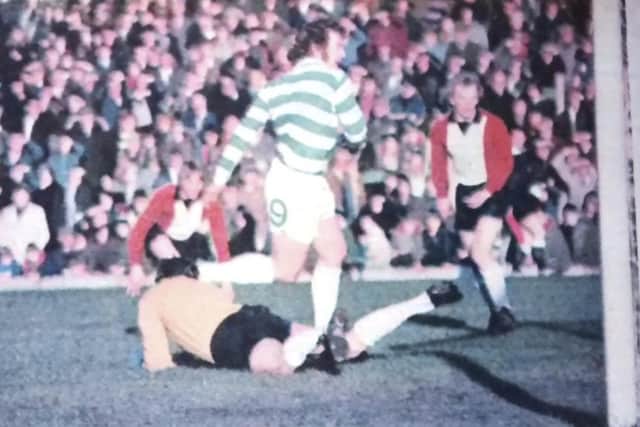 Celtic’s Dixie Deans goes into the record books as he slips the ball past Clydebank keeper Jim Gallacher after only four minutes in the first-ever Sunday match played in Scotland on January 27, 1974. Pic: Daily Record