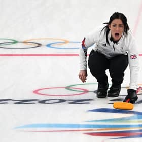 Britain's Eve Muirhead reacts during the match between Russia's Olympic Committee and Britain. (Photo by LILLIAN SUWANRUMPHA/AFP via Getty Images)