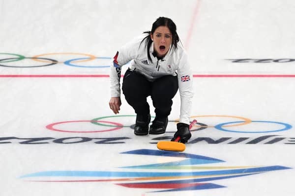 Britain's Eve Muirhead reacts during the match between Russia's Olympic Committee and Britain. (Photo by LILLIAN SUWANRUMPHA/AFP via Getty Images)